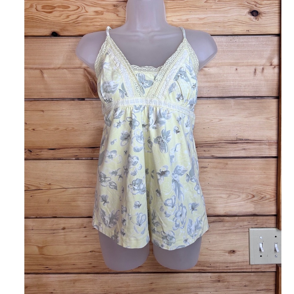 Vintage Babydoll Yellow Floral Lace Trim‎ Empire Waist Camisole Top Cotton Cami